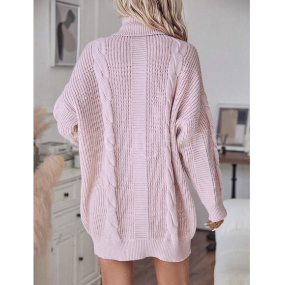Baby Pink Oversized Sweater Dress Cable Knit Turtleneck Long SLeeve - Picture 3 of 7